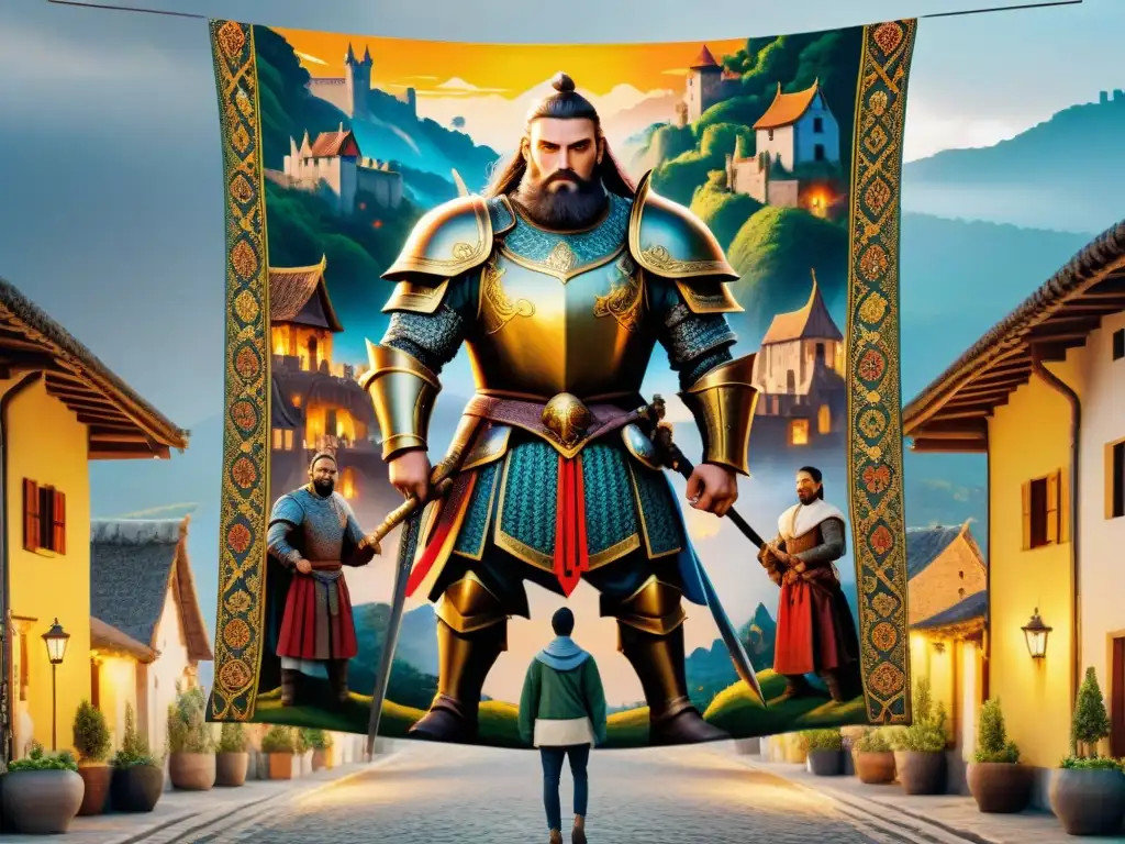 El gigante colosal: temor y asombro en la aldea medieval Retorno gigantes cuentos epopeyas cinematográficas: tapestry vibrante con gigante imponente y aldeanos asombrados en pueblo místico medieval