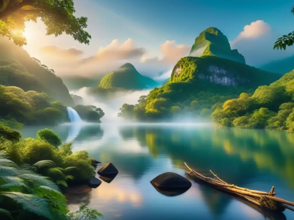 Río mágico con criaturas legendarias en bosque encantado Un río majestuoso serpentea por un bosque encantado, iluminado por el sol poniente