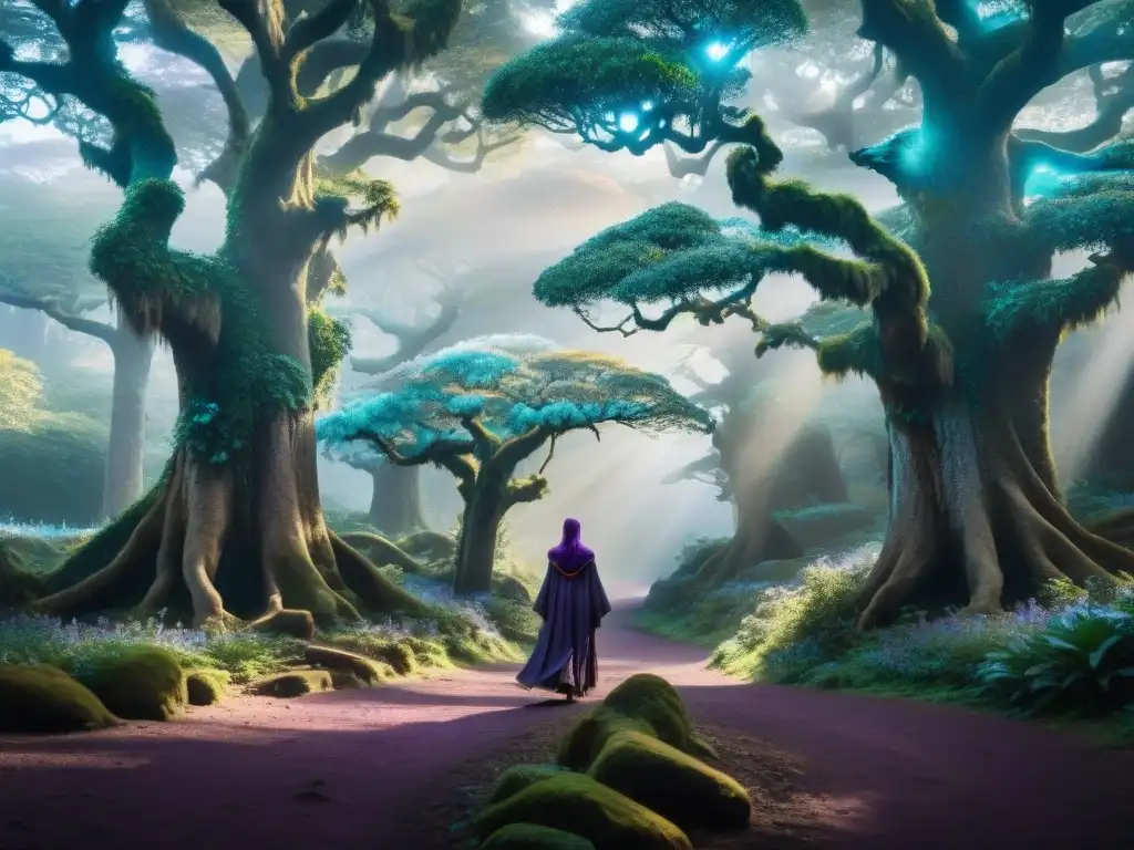 Sendero místico en el bosque encantado: un llamado a lo desconocido Un sendero místico en un bosque antiguo con árboles imponentes y energía mágica, invita al peregrinaje a través de los hechiceros ancestrales