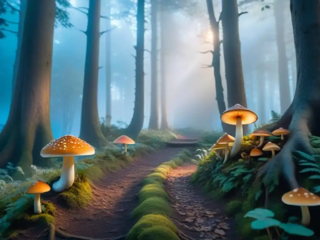 Senderos iluminados por hongos vibrantes en un bosque encantador al anochecer, ideal para retiros creativos para estimular