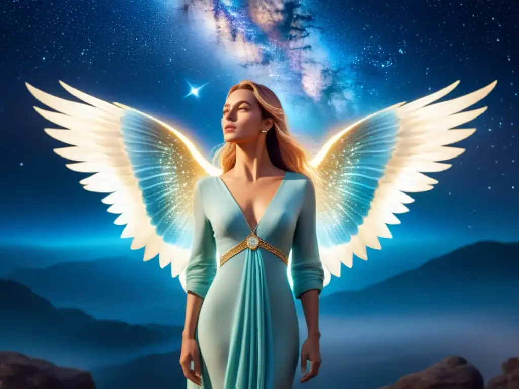 Ser celestial contemplando un antiguo tomo luminoso Un ser celestial con alas opalescentes, vestido con túnicas estrelladas, frente a un libro luminoso en un escenario de estrellas