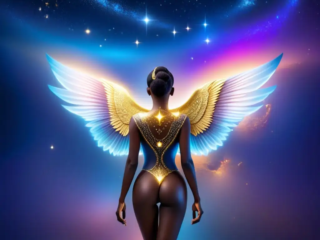 Ser celestial de plata y oro en galaxia mágica Un ser celestial etéreo con piel plateada brillante, tatuajes dorados que resplandecen, flotando graciosamente en una galaxia giratoria