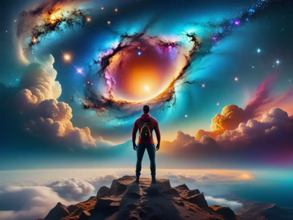 Dios Cósmico: Ser Mítico con Galaxias en Brazos Un ser celestial con múltiples brazos sosteniendo galaxias, flotando en un mar cósmico de colores y estrellas, transmitiendo poder y serenidad