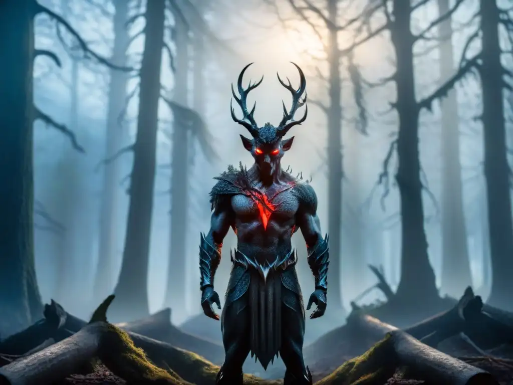 El Chupacabras: criatura misteriosa en el bosque nocturno Un ser misterioso con ojos rojos brillantes acecha en un bosque oscuro, rodeado de niebla, encarnando la leyenda de El Chupacabras