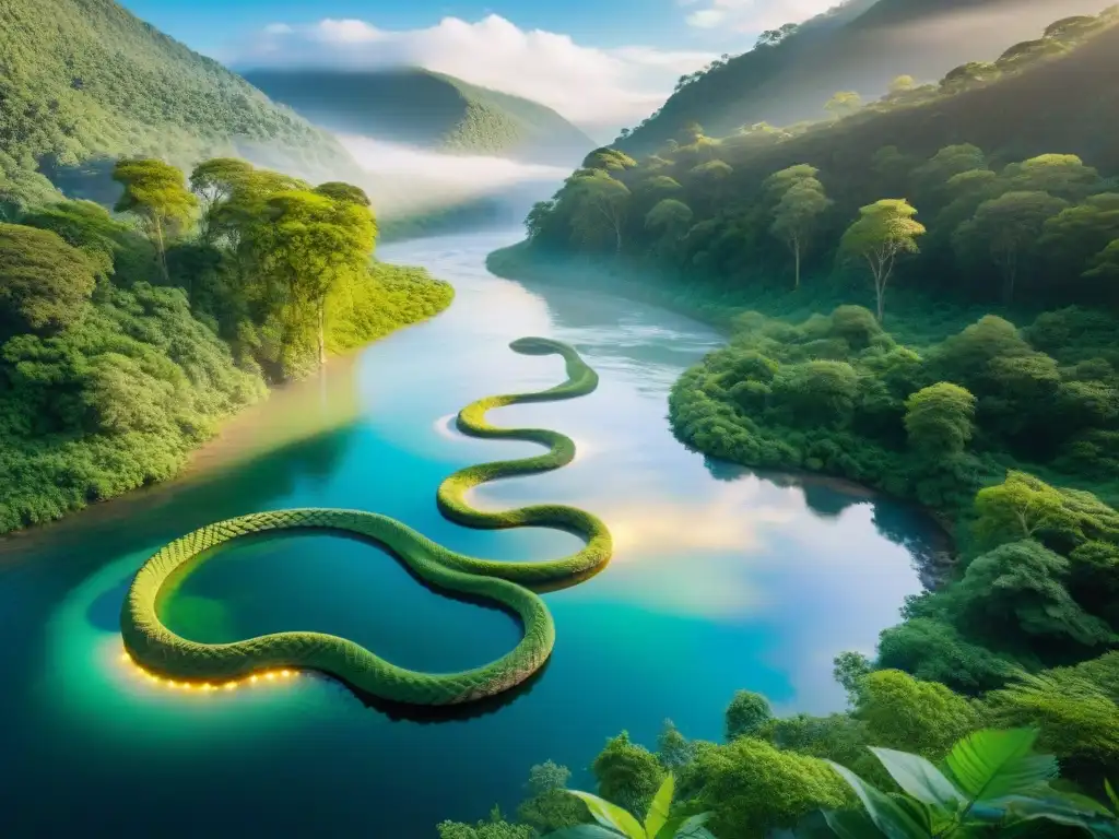 Guardián mítico de río: serpiente iridiscente en bosque mágico Serpeante protector de aguas, inspirado en leyendas indígenas, resguarda río en bosque exuberante con escamas iridiscentes
