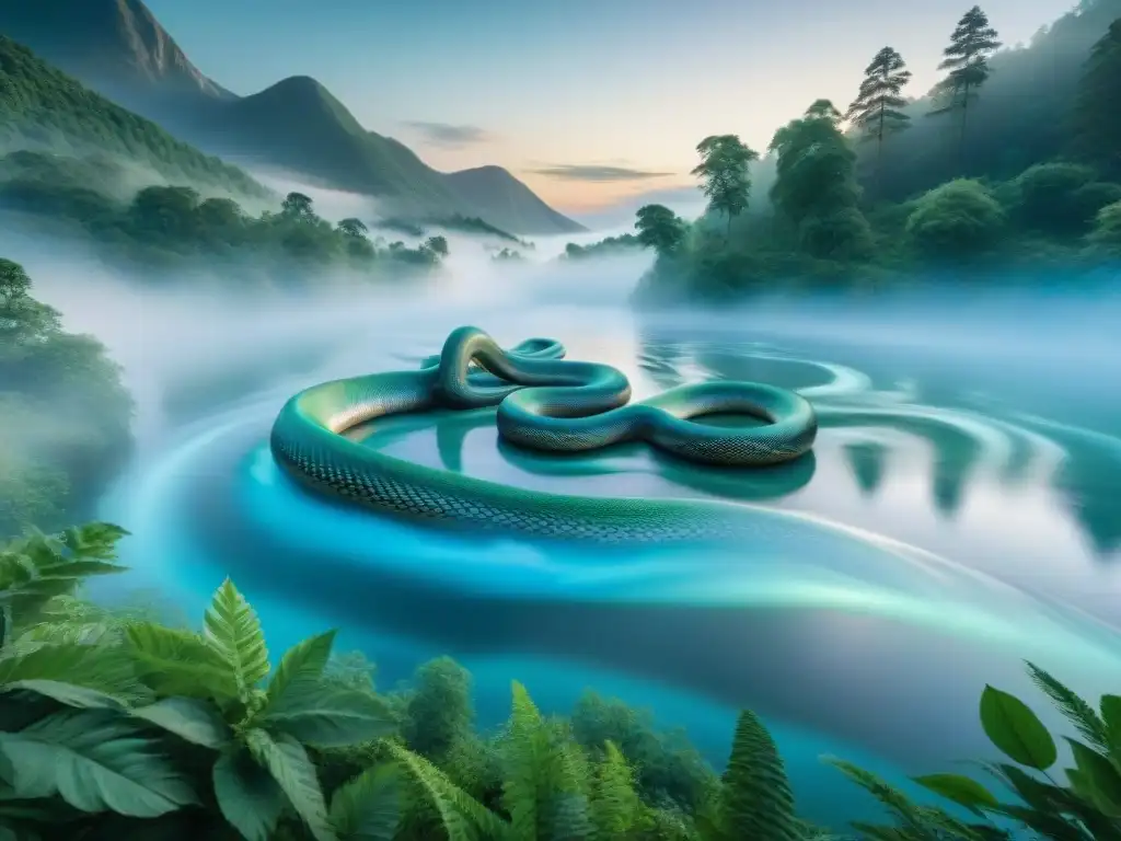 Guardián del río: serpiente majestuosa en la noche Un serpiente majestuosa rodea un bosque, escamas azules y verdes brillantes bajo la luna