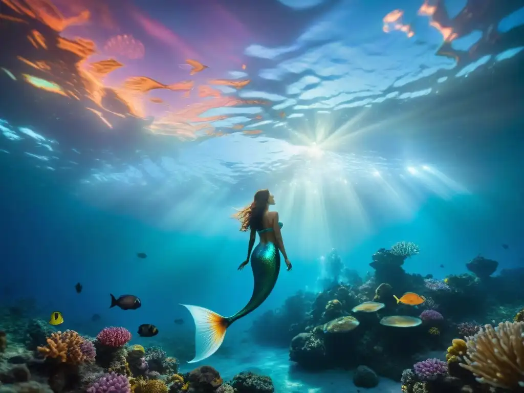 Mermaids iridiscentes en un océano alienígena: un mundo mágico y misterioso Sirenas iridiscentes nadan en un océano alienígena, en un planeta lejano con triple atardecer