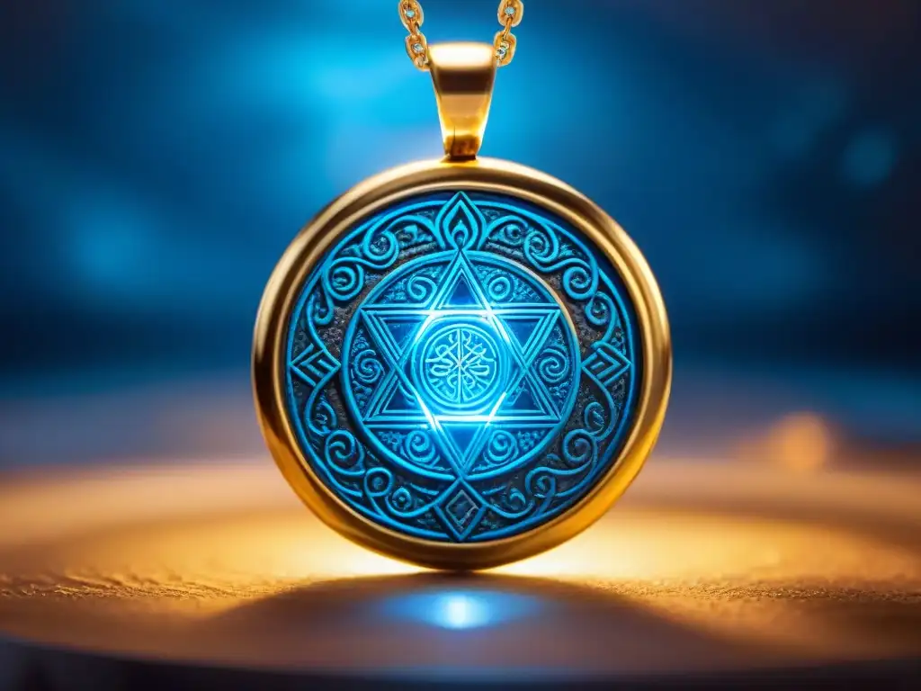 Amuleto místico de poder ancestral en aura dorada y azul Un talismán Salomónico de poder espiritual, rodeado de energía mística dorada y azul en una cámara antigua iluminada débilmente