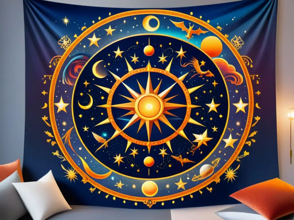 Mapa celestial: constelaciones y criaturas míticas en un tapiz mágico Un tapiz celestial con constelaciones y criaturas míticas, brillando bajo la luz de las estrellas