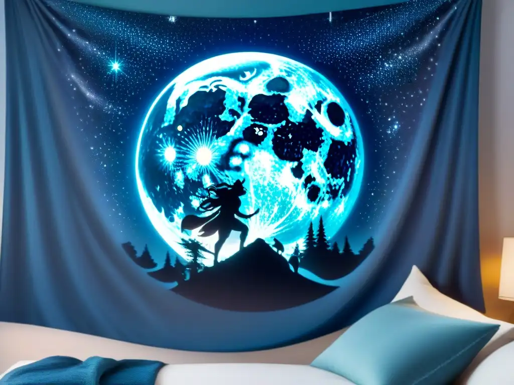 Constelación mítica: danza bajo la luna llena Un tapiz celestial de magia, con criaturas míticas bailando bajo la luna llena