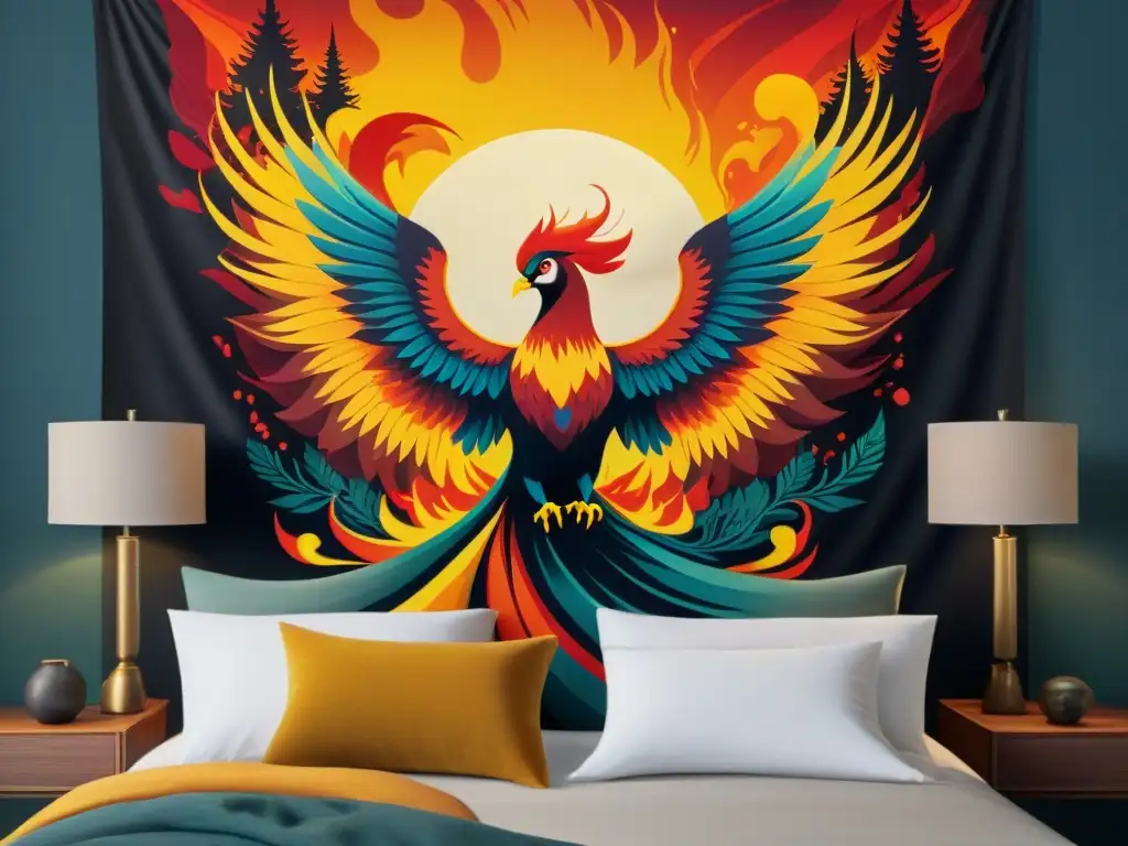 Phoenix dorado surcando bosque encantado con criaturas mágicas Un tapiz intrincado con un fénix majestuoso emergiendo de llamas vibrantes, rodeado de criaturas místicas en un bosque encantado