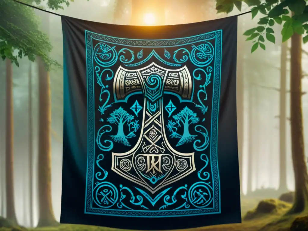 Martillo Mjölnir: Poder y magia en el bosque místico Un tapiz majestuoso del poderoso martillo Mjölnir rodeado de símbolos nórdicos, en un bosque mágico con luces etéreas