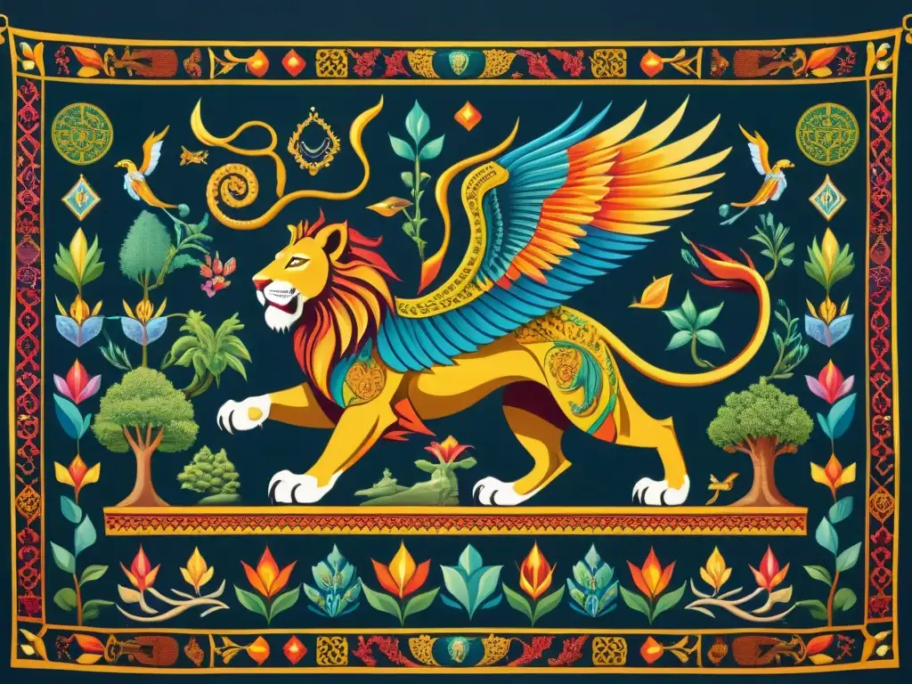 Un tapiz vibrante con seres fantásticos de diversas culturas entrelazadas en un diseño fascinante