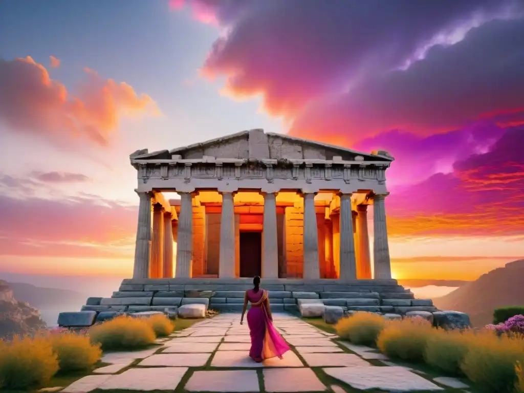 Templo griego antiguo: misterio y poder al atardecer En el templo griego antiguo, una figura en túnica refleja el origen mitológico de Nessus real en un atardecer místico
