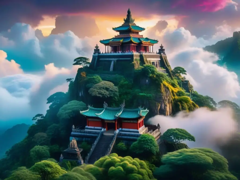 Templo celestial de dioses antiguos: Zeus, Odin, Quetzalcoatl Un templo majestuoso dedicado a dioses antiguos, entre nubes y elementos místicos