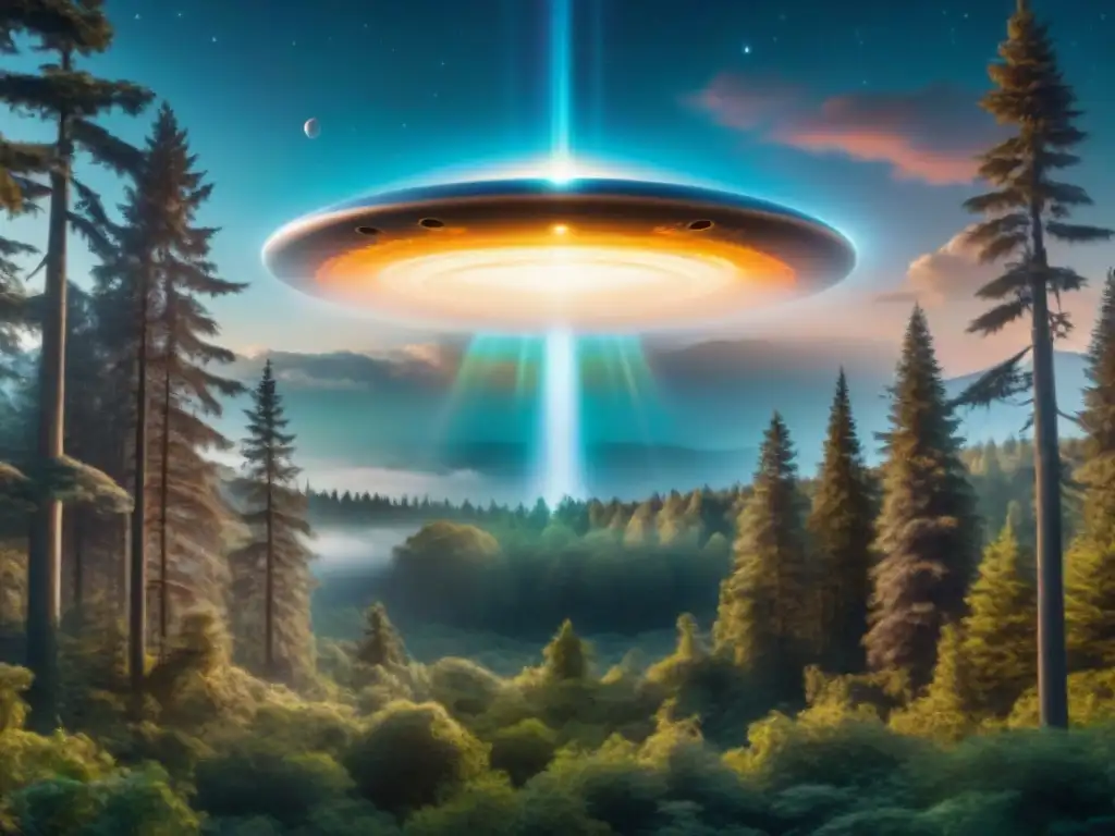Testigos abducidos por la nave espacial alienígena en el bosque iluminado por la luna