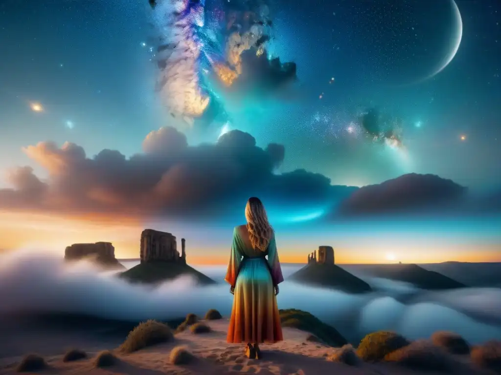 Testimonios abducciones alienígenas reales: Seres luminosos levitan humano en escena cósmica surrealista