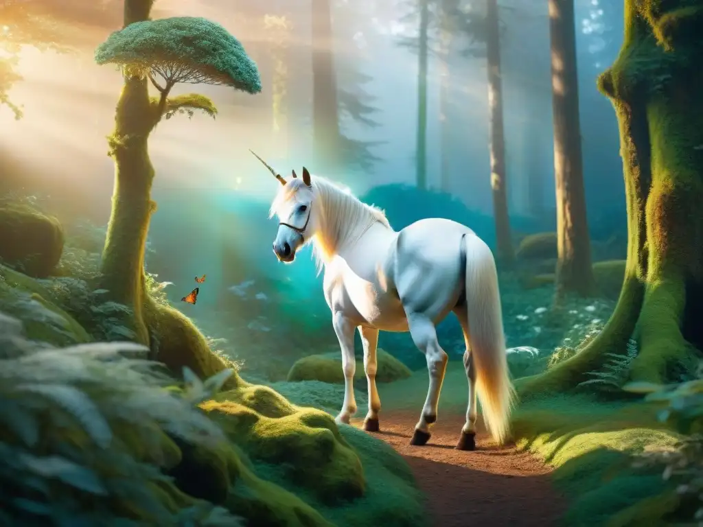 Unicornio mágico emerge de bosque encantado Un unicornio majestuoso emerge de un bosque místico, rodeado de mariposas y colibríes, en un escenario de ensueño
