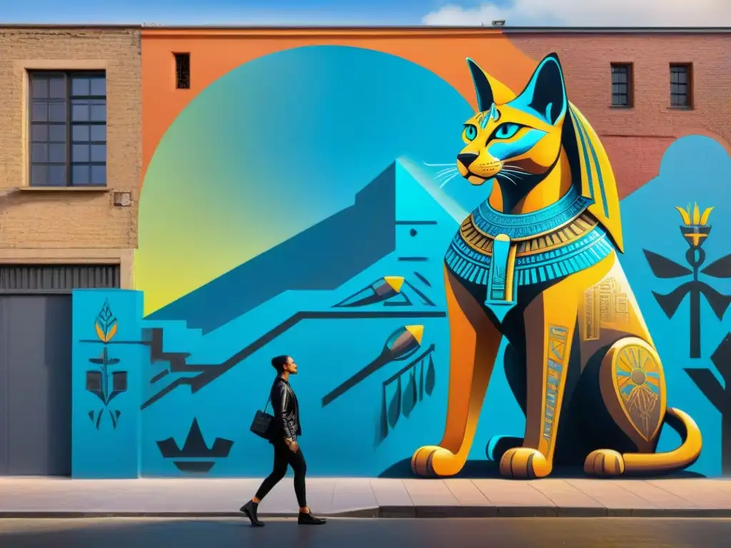 Dioses egipcios urbanos: Anubis y Bastet en un paisaje contemporáneo Interpretación urbana de dioses egipcios en mural callejero con jóvenes artistas