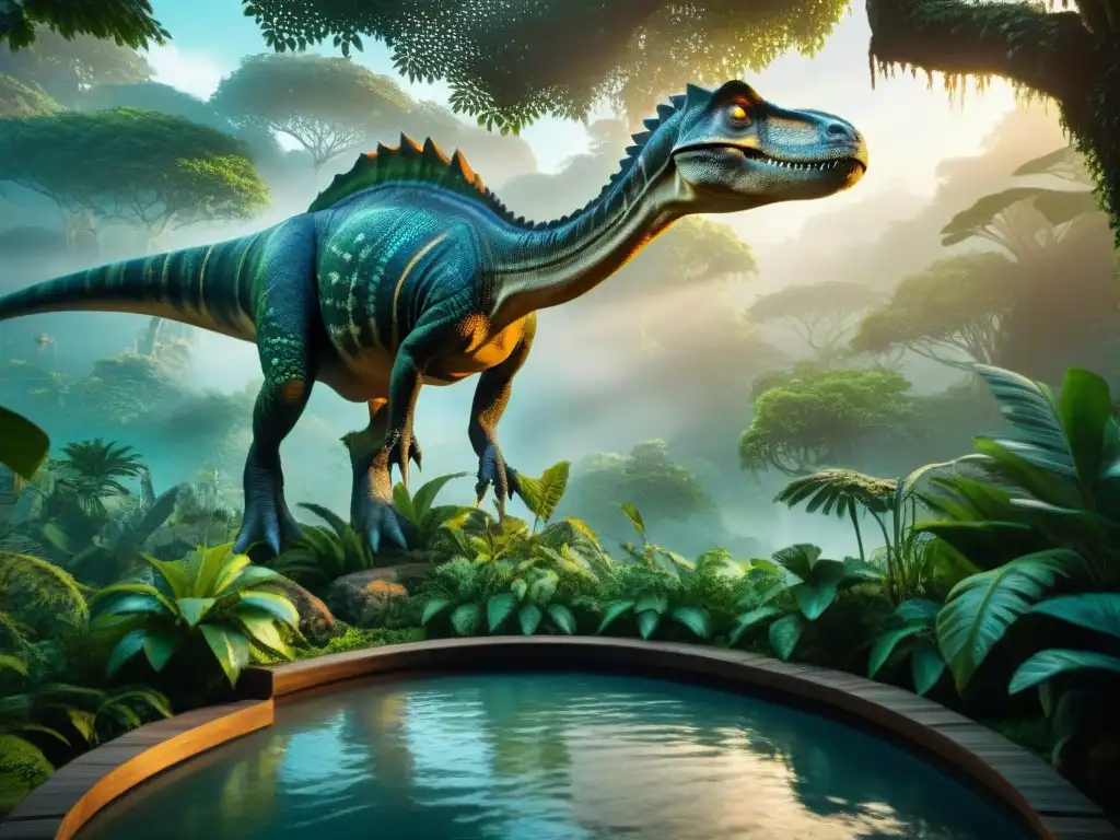 Majestuoso sauropodo emerge en selva misteriosa al anochecer Un valle misterioso donde el último dinosaurio, el Valle MokeleMbembe, emerge entre la niebla y la vegetación exuberante al anochecer