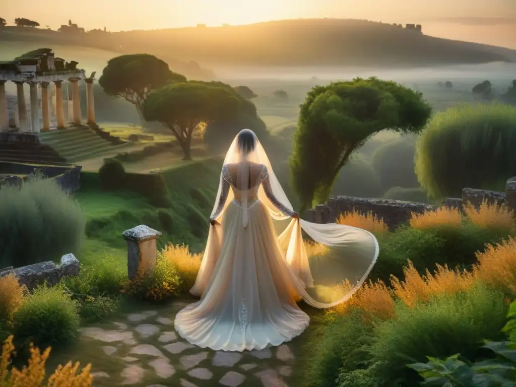 Un velo divino de Manoppello flota en el aire, bañado en luz dorada, con un patrón misterioso y un paisaje místico al fondo