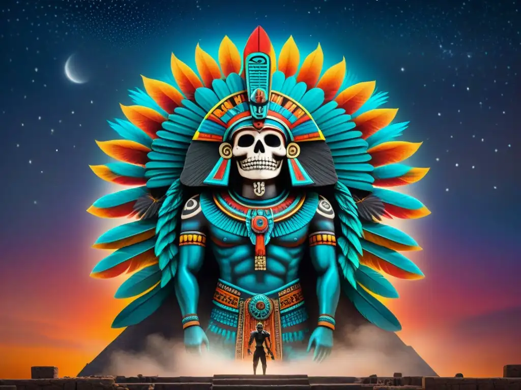 Vibrante mural del dios azteca de la muerte, Mictlantecuhtli, en la noche estrellada