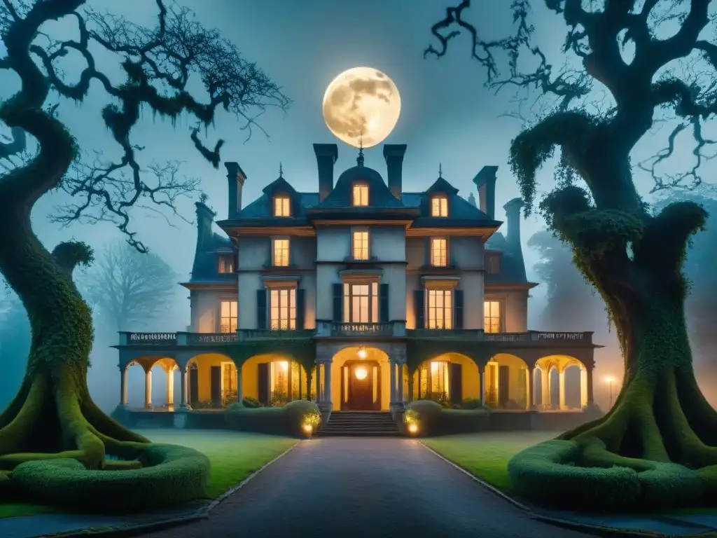Manor embrujado: misterio y apariciones en la noche Vieja mansión en la niebla con árboles retorcidos, luna llena y apariciones fantasmales, evocando fenómenos paranormales en casas embrujadas